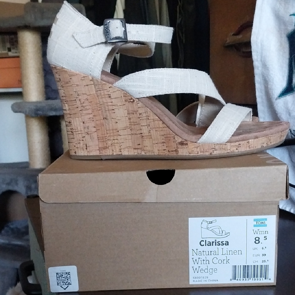 Toms Beige Linen Cork Wedges - Clarissa Size 8.5 - Picture 2 of 8